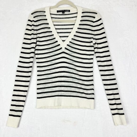 Veronica Beard Dean Striped Linen V-Neck Sweater Size Small Breton Ribbed - Picture 3 of 6